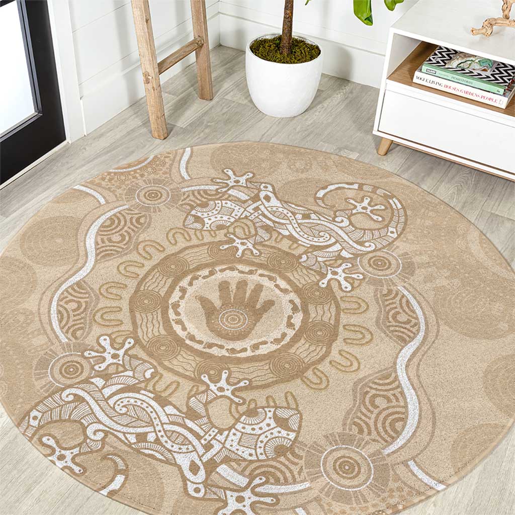 Beige Australia Lizard With Aboriginal Art Round Carpet