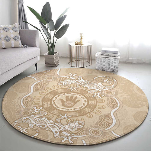 Beige Australia Lizard With Aboriginal Art Round Carpet