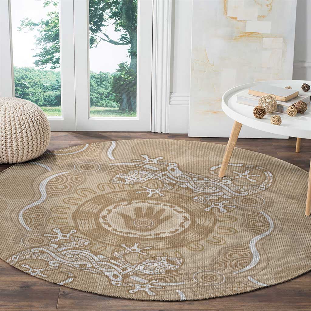 Beige Australia Lizard With Aboriginal Art Round Carpet