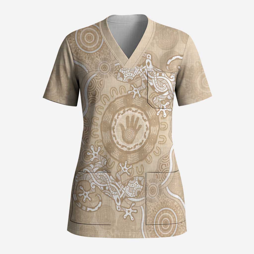 Beige Australia Lizard With Aboriginal Art Scrub Top - Aussie Hoodie