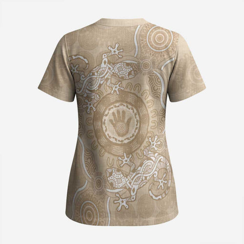 Beige Australia Lizard With Aboriginal Art Scrub Top - Aussie Hoodie