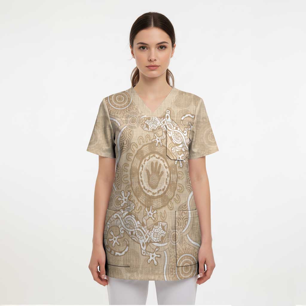Beige Australia Lizard With Aboriginal Art Scrub Top - Aussie Hoodie