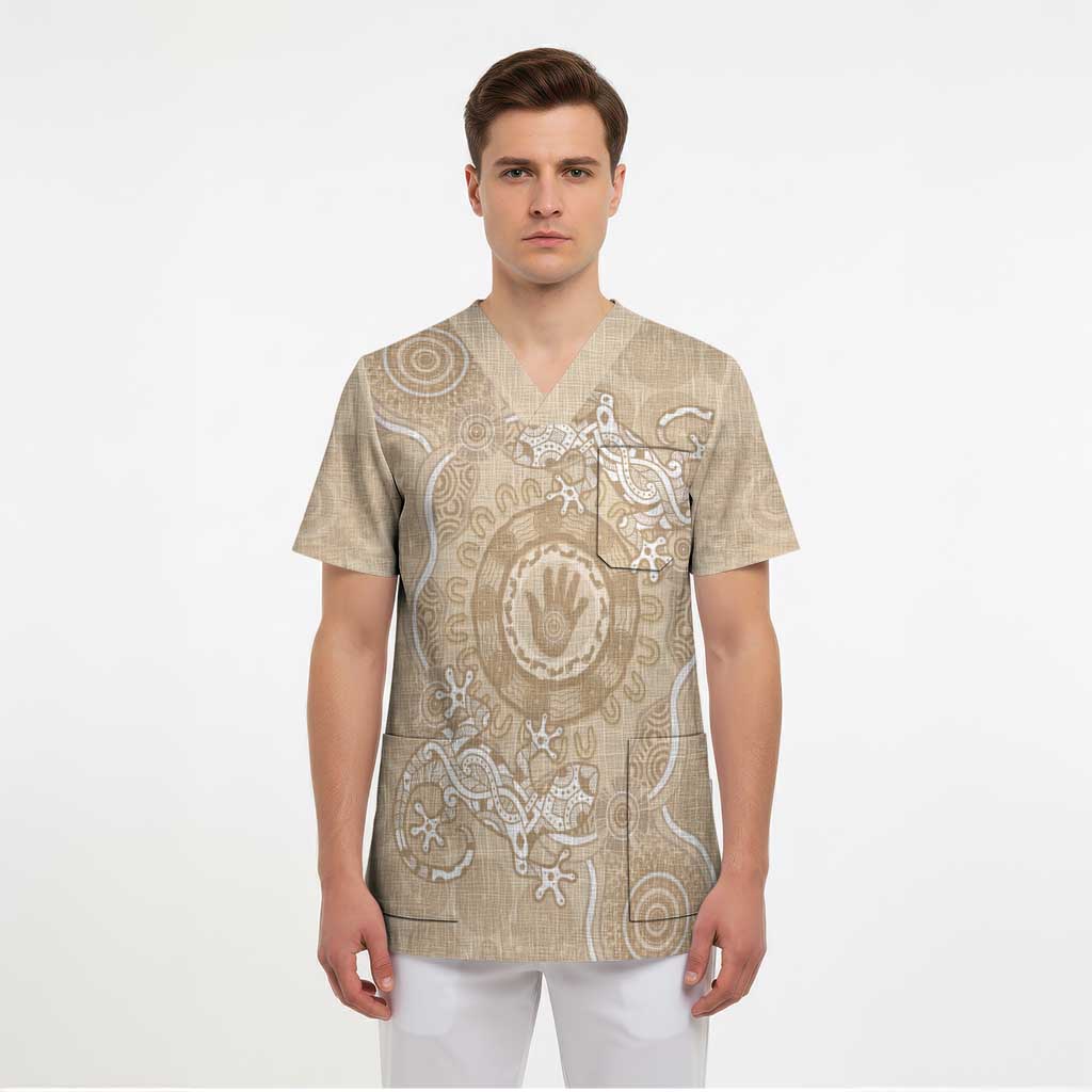 Beige Australia Lizard With Aboriginal Art Scrub Top - Aussie Hoodie