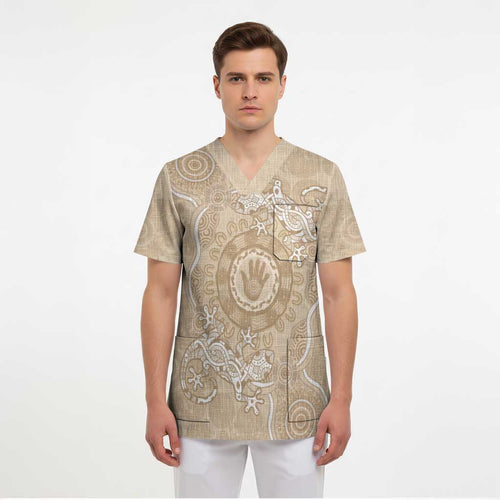 Beige Australia Lizard With Aboriginal Art Scrub Top - Aussie Hoodie