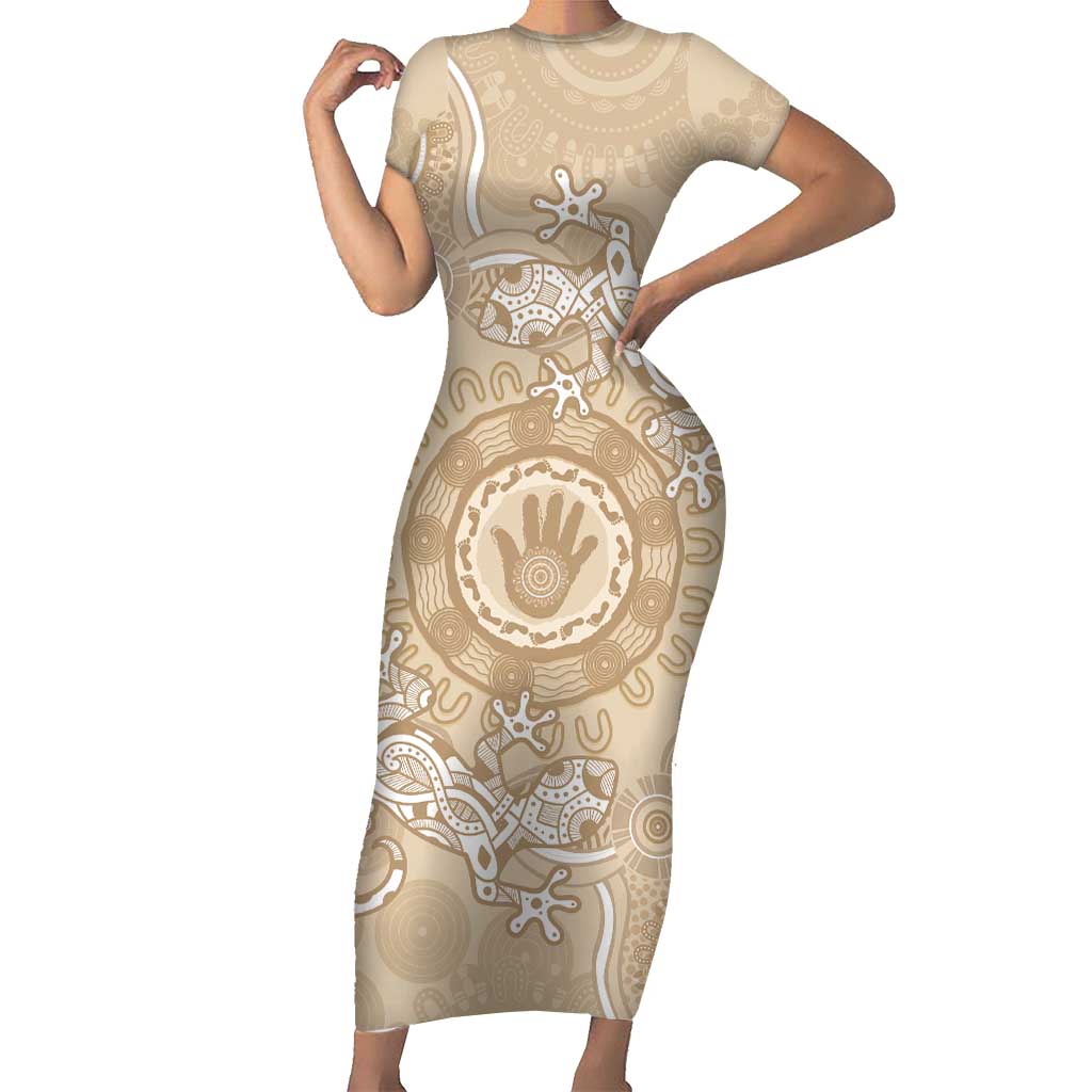 Beige Australia Lizard With Aboriginal Art Short Sleeve Bodycon Dress