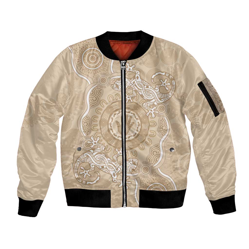 Beige Australia Lizard With Aboriginal Art Sleeve Zip Bomber Jacket