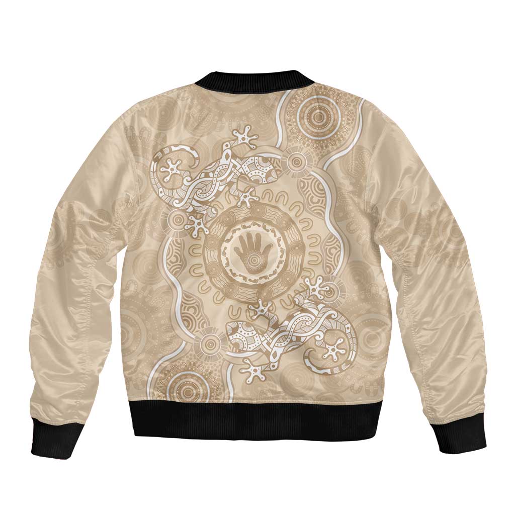 Beige Australia Lizard With Aboriginal Art Sleeve Zip Bomber Jacket
