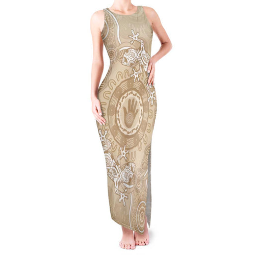 Beige Australia Lizard With Aboriginal Art Tank Maxi Dress