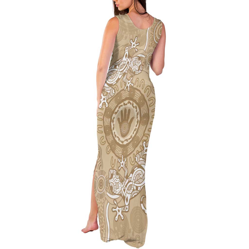 Beige Australia Lizard With Aboriginal Art Tank Maxi Dress