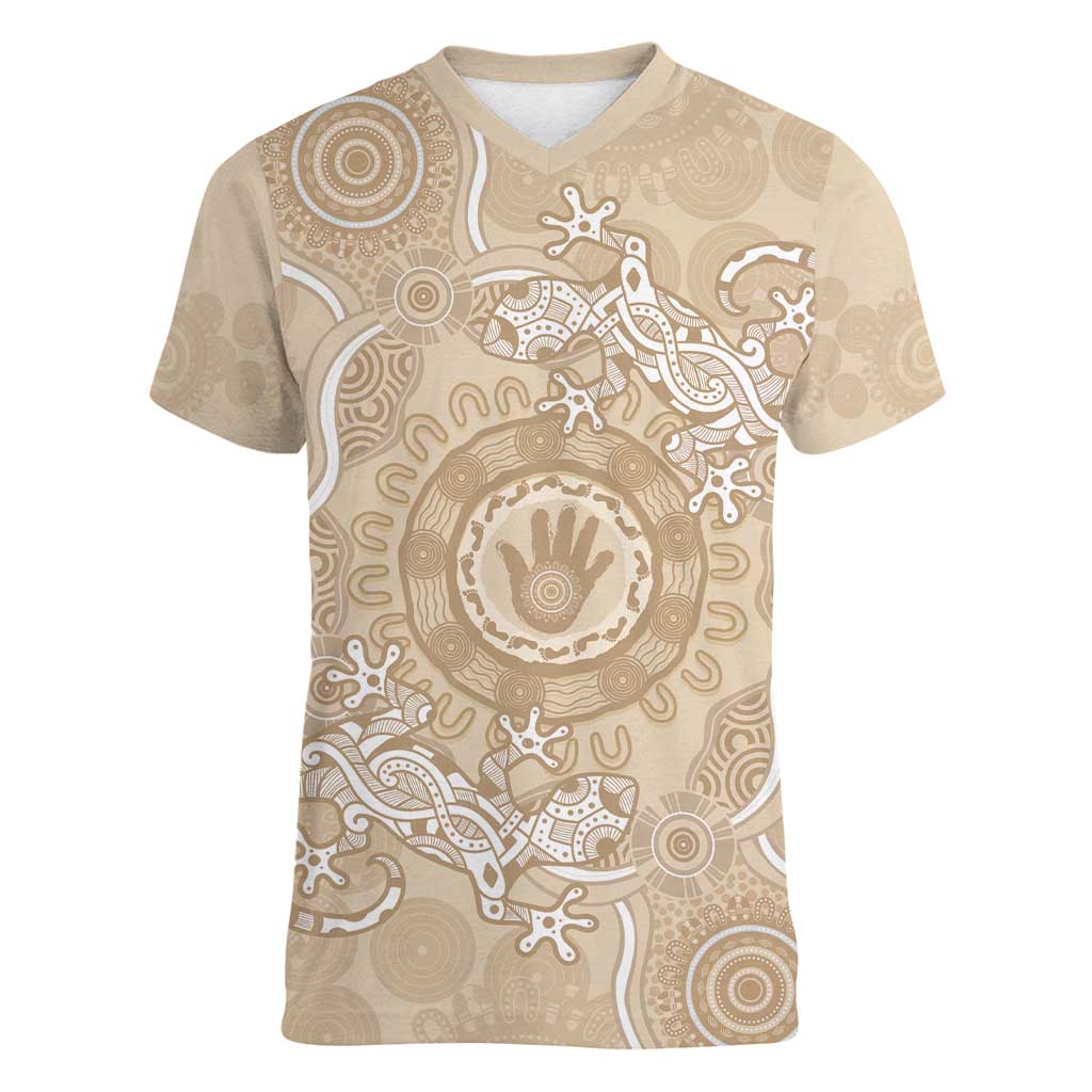 Beige Australia Lizard With Aboriginal Art Women V-Neck T-Shirt