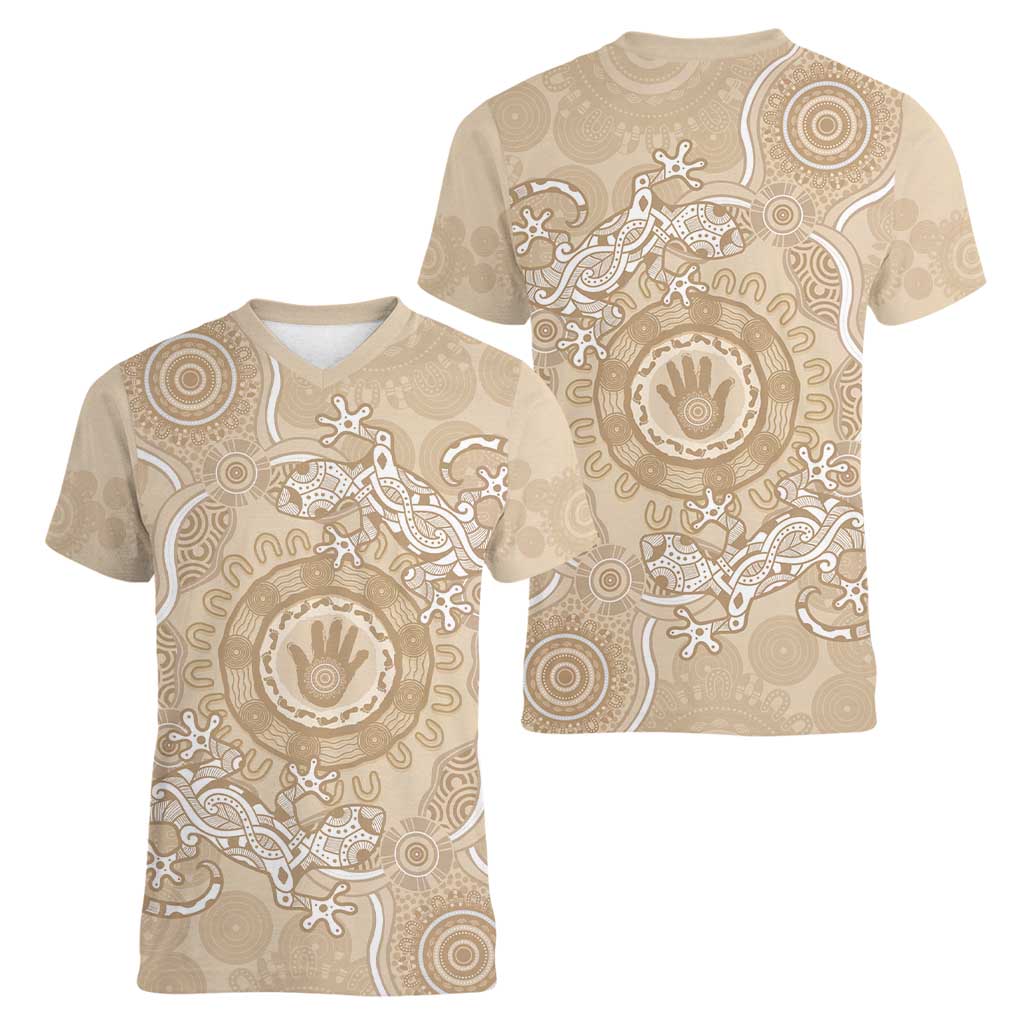 Beige Australia Lizard With Aboriginal Art Women V-Neck T-Shirt