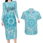 Blue Australia Lizard With Aboriginal Art Couples Matching Long Sleeve Bodycon Dress and Hawaiian Shirt