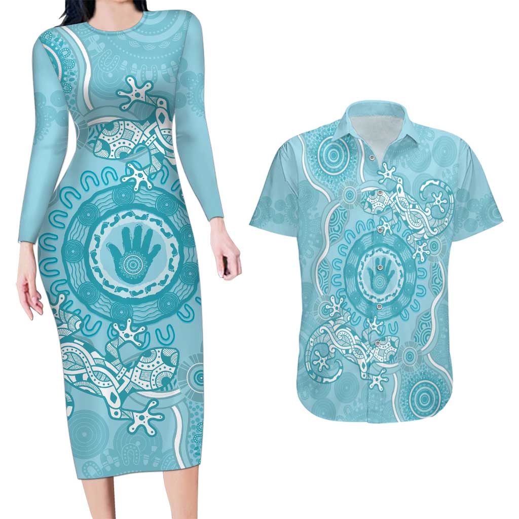 Blue Australia Lizard With Aboriginal Art Couples Matching Long Sleeve Bodycon Dress and Hawaiian Shirt