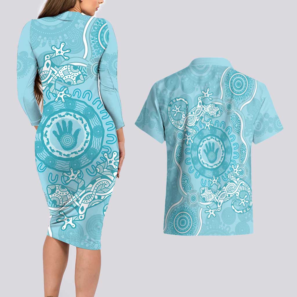 Blue Australia Lizard With Aboriginal Art Couples Matching Long Sleeve Bodycon Dress and Hawaiian Shirt