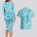Blue Australia Lizard With Aboriginal Art Couples Matching Long Sleeve Bodycon Dress and Hawaiian Shirt