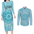 Blue Australia Lizard With Aboriginal Art Couples Matching Long Sleeve Bodycon Dress and Long Sleeve Button Shirt