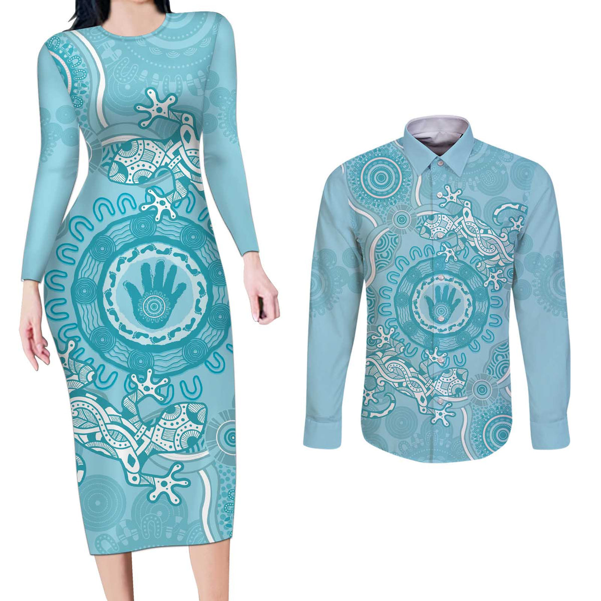Blue Australia Lizard With Aboriginal Art Couples Matching Long Sleeve Bodycon Dress and Long Sleeve Button Shirt