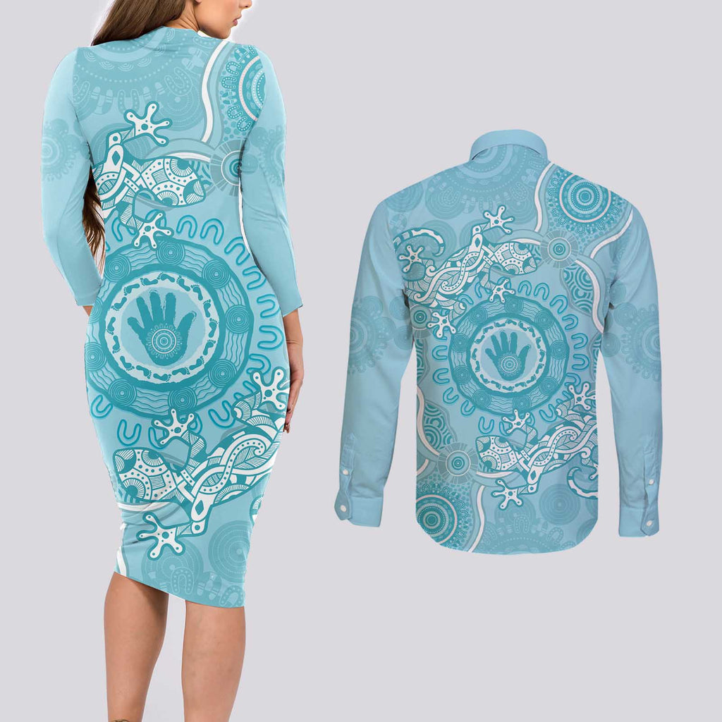 Blue Australia Lizard With Aboriginal Art Couples Matching Long Sleeve Bodycon Dress and Long Sleeve Button Shirt