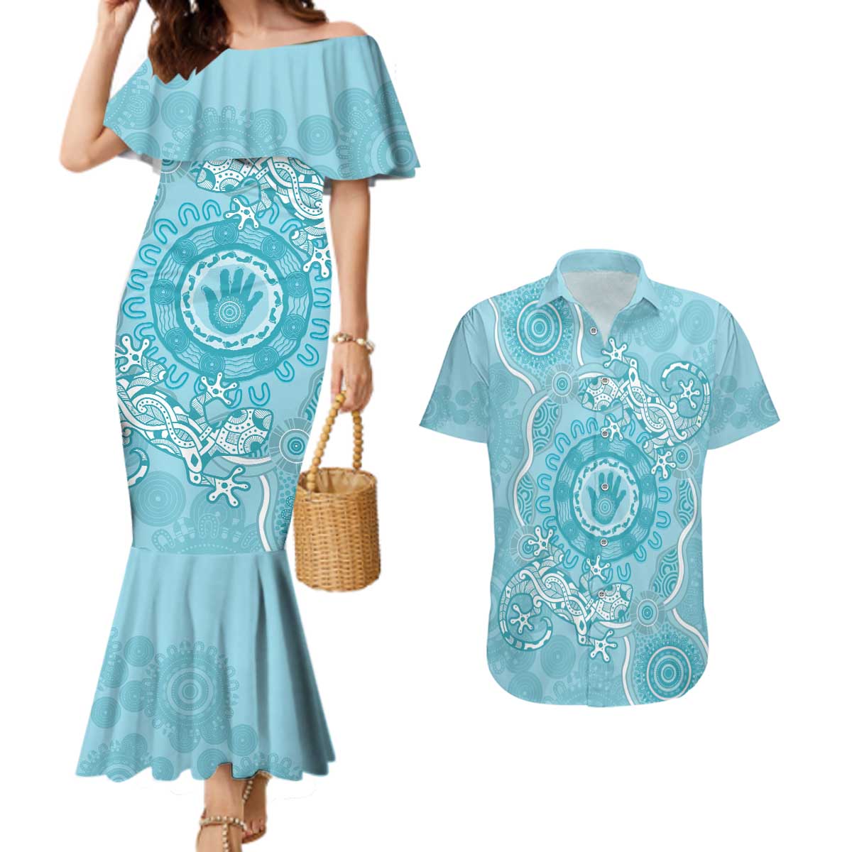 Blue Australia Lizard With Aboriginal Art Couples Matching Mermaid Dress and Hawaiian Shirt
