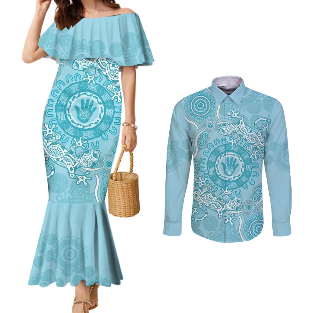Blue Australia Lizard With Aboriginal Art Couples Matching Mermaid Dress and Long Sleeve Button Shirt