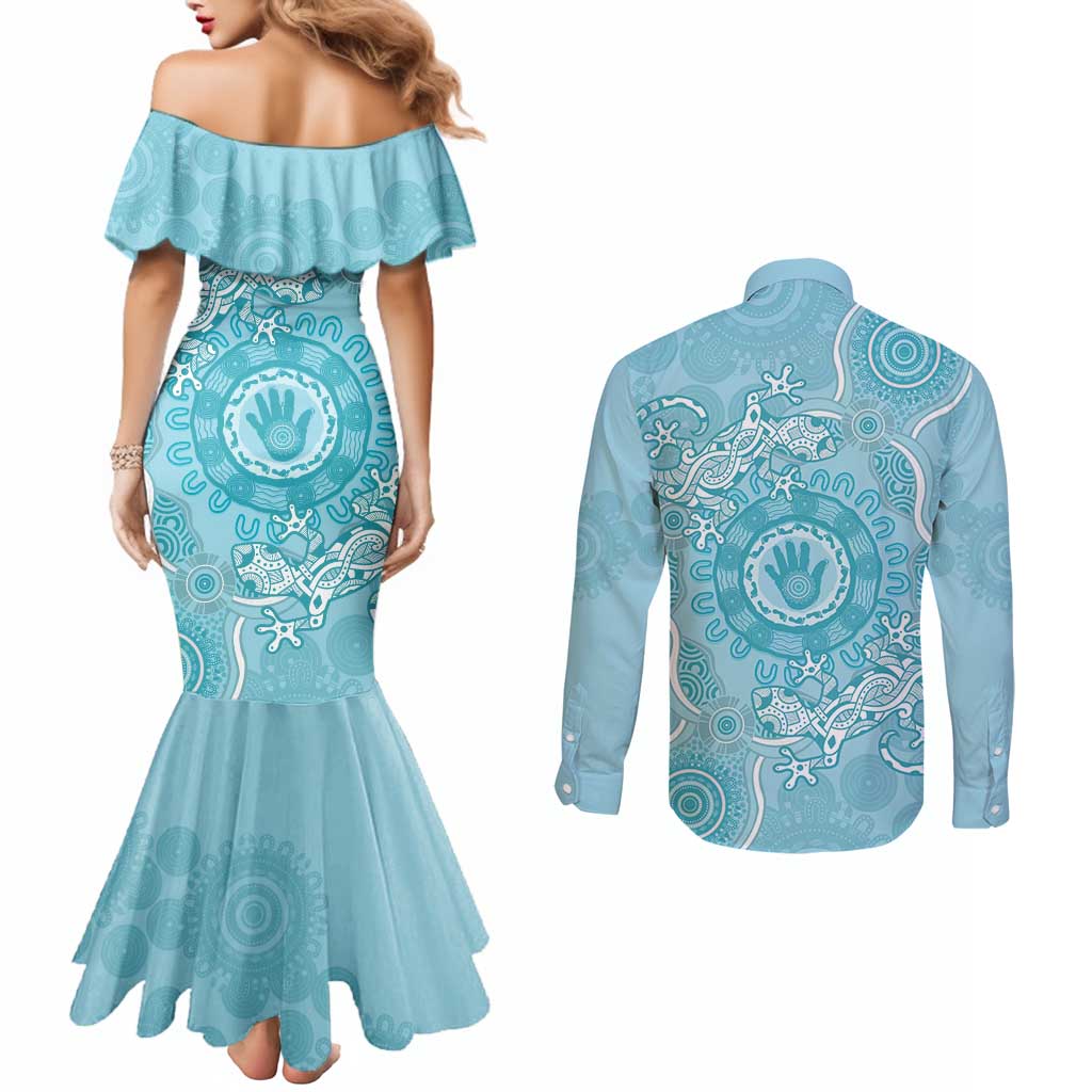 Blue Australia Lizard With Aboriginal Art Couples Matching Mermaid Dress and Long Sleeve Button Shirt