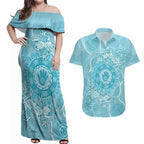Blue Australia Lizard With Aboriginal Art Couples Matching Off Shoulder Maxi Dress and Hawaiian Shirt