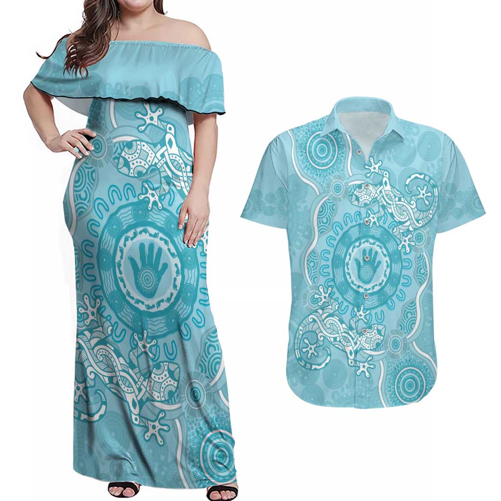 Blue Australia Lizard With Aboriginal Art Couples Matching Off Shoulder Maxi Dress and Hawaiian Shirt