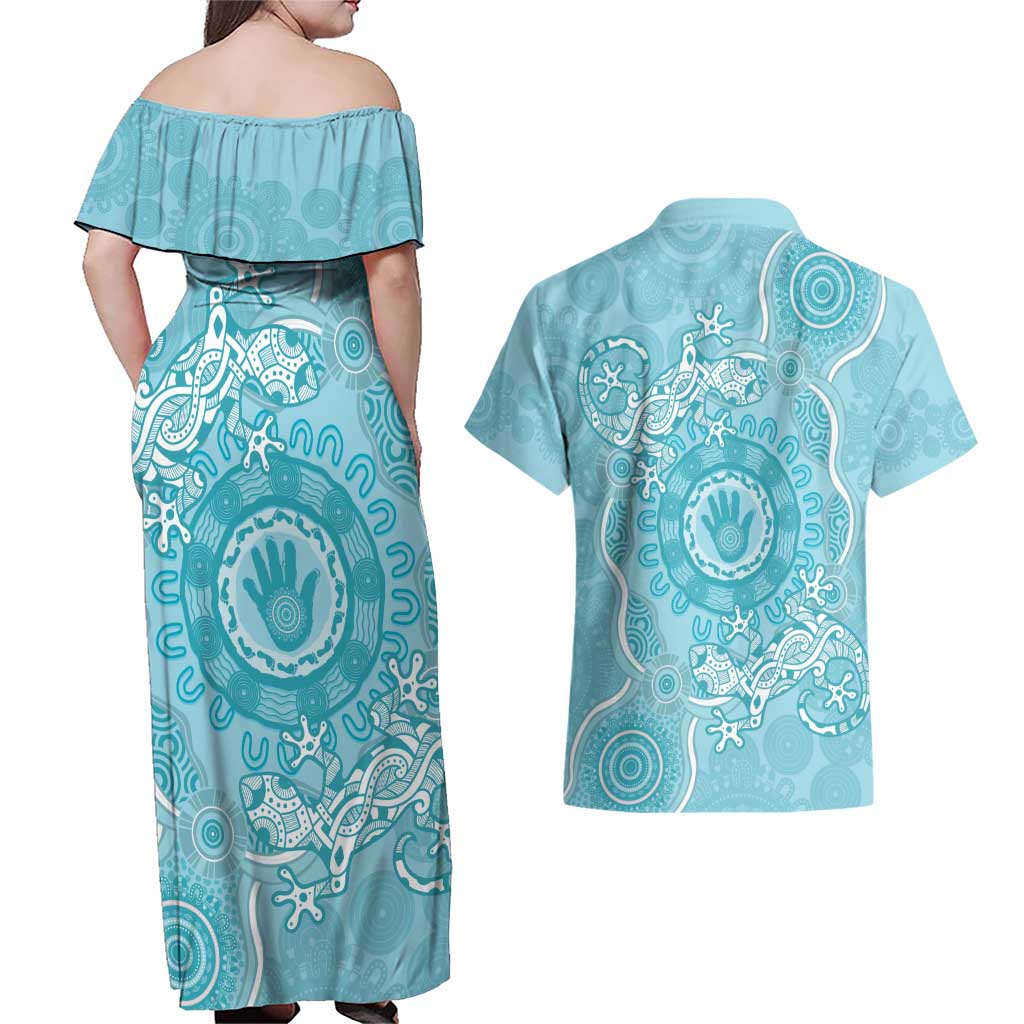 Blue Australia Lizard With Aboriginal Art Couples Matching Off Shoulder Maxi Dress and Hawaiian Shirt