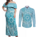 Blue Australia Lizard With Aboriginal Art Couples Matching Off Shoulder Maxi Dress and Long Sleeve Button Shirt