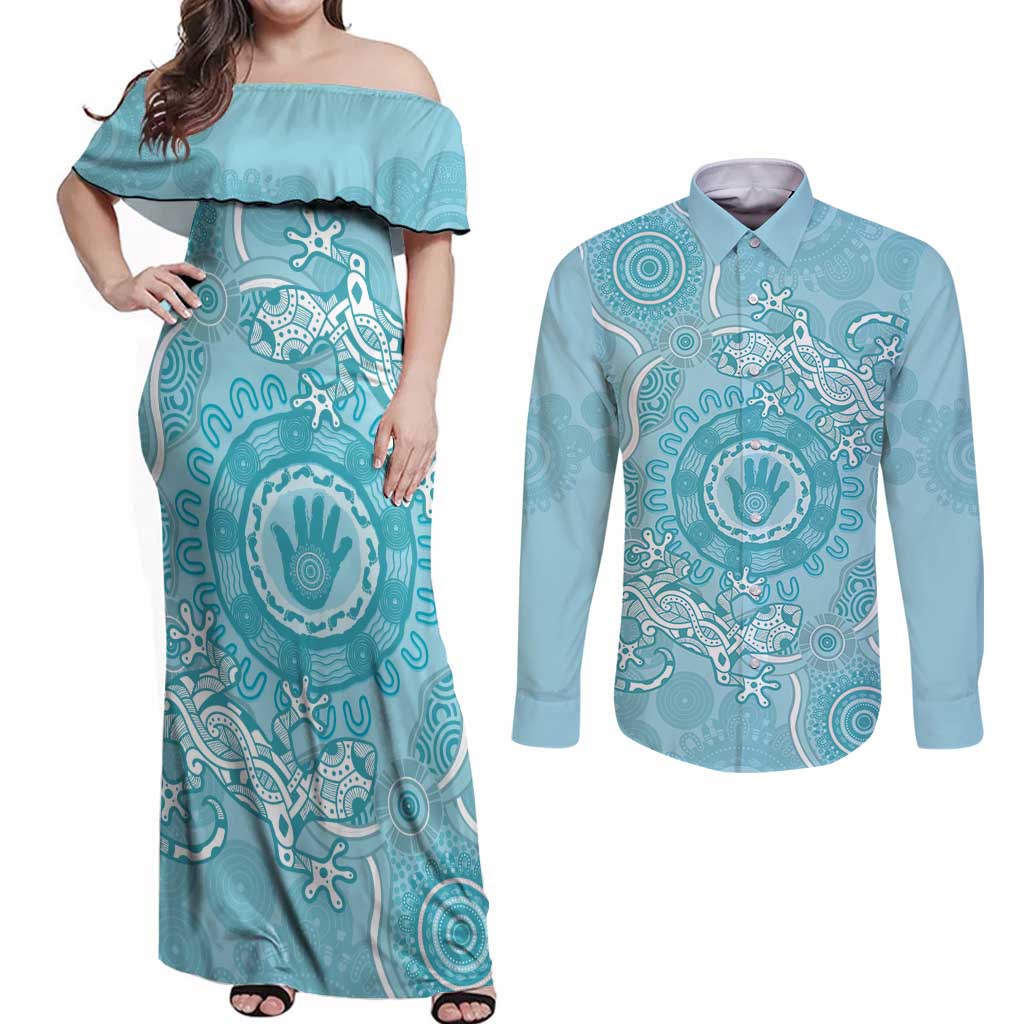 Blue Australia Lizard With Aboriginal Art Couples Matching Off Shoulder Maxi Dress and Long Sleeve Button Shirt