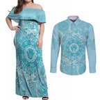 Blue Australia Lizard With Aboriginal Art Couples Matching Off Shoulder Maxi Dress and Long Sleeve Button Shirt
