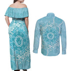 Blue Australia Lizard With Aboriginal Art Couples Matching Off Shoulder Maxi Dress and Long Sleeve Button Shirt