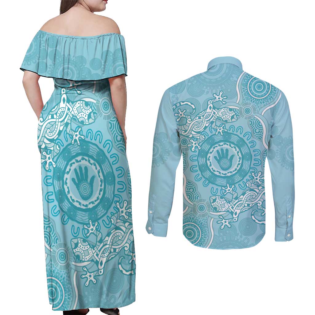 Blue Australia Lizard With Aboriginal Art Couples Matching Off Shoulder Maxi Dress and Long Sleeve Button Shirt