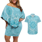 Blue Australia Lizard With Aboriginal Art Couples Matching Off Shoulder Short Dress and Hawaiian Shirt