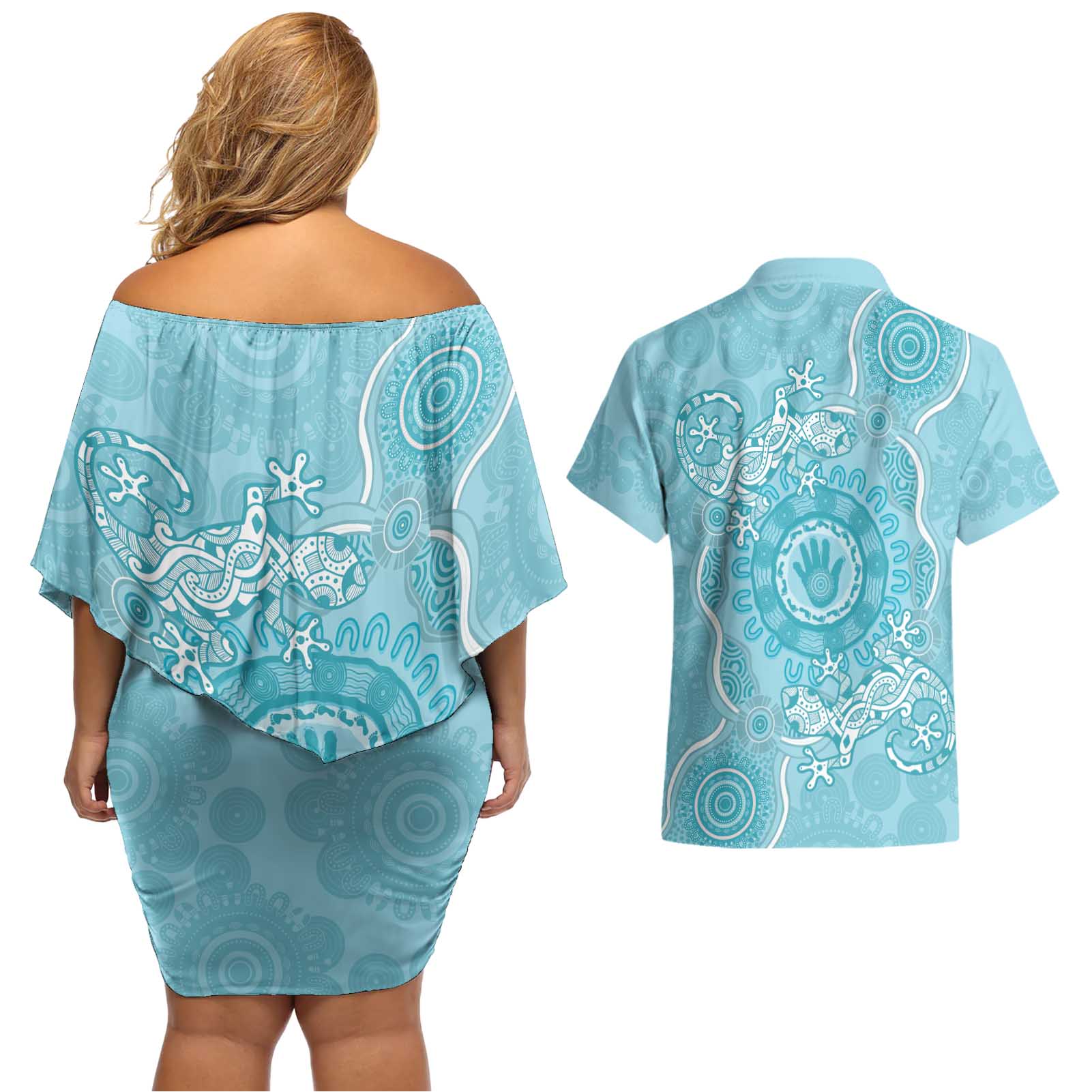 Blue Australia Lizard With Aboriginal Art Couples Matching Off Shoulder Short Dress and Hawaiian Shirt