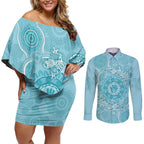Blue Australia Lizard With Aboriginal Art Couples Matching Off Shoulder Short Dress and Long Sleeve Button Shirt