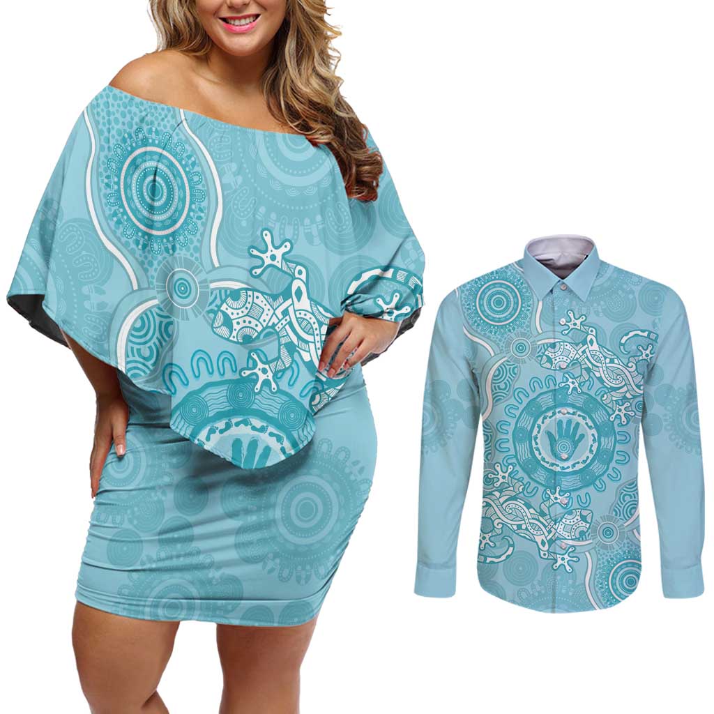 Blue Australia Lizard With Aboriginal Art Couples Matching Off Shoulder Short Dress and Long Sleeve Button Shirt