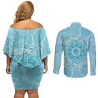 Blue Australia Lizard With Aboriginal Art Couples Matching Off Shoulder Short Dress and Long Sleeve Button Shirt