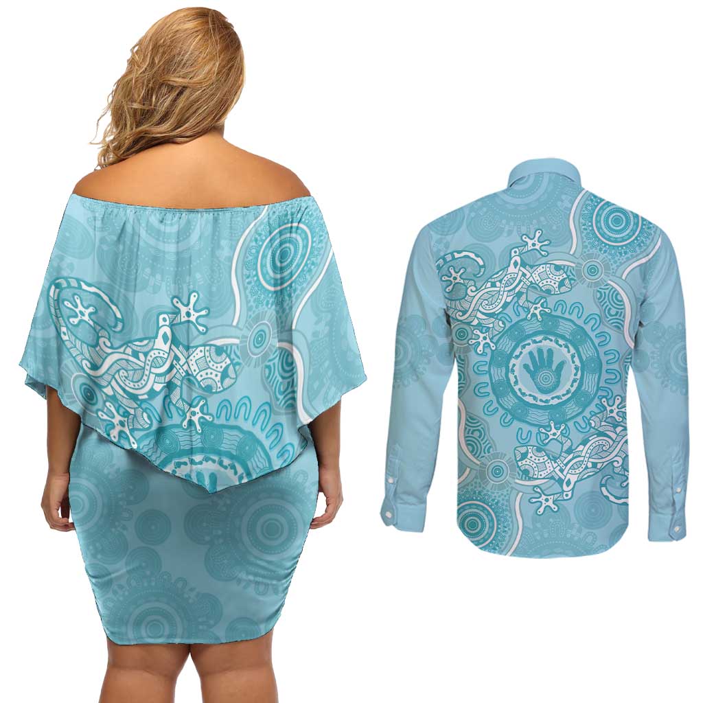 Blue Australia Lizard With Aboriginal Art Couples Matching Off Shoulder Short Dress and Long Sleeve Button Shirt