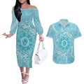 Blue Australia Lizard With Aboriginal Art Couples Matching Off The Shoulder Long Sleeve Dress and Hawaiian Shirt