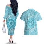 Blue Australia Lizard With Aboriginal Art Couples Matching Off The Shoulder Long Sleeve Dress and Hawaiian Shirt