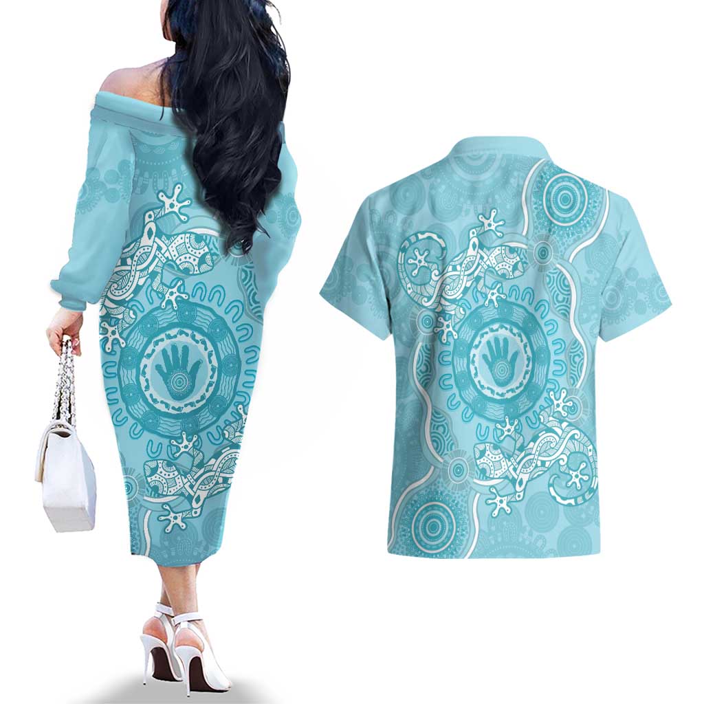 Blue Australia Lizard With Aboriginal Art Couples Matching Off The Shoulder Long Sleeve Dress and Hawaiian Shirt
