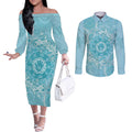 Blue Australia Lizard With Aboriginal Art Couples Matching Off The Shoulder Long Sleeve Dress and Long Sleeve Button Shirt