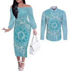 Blue Australia Lizard With Aboriginal Art Couples Matching Off The Shoulder Long Sleeve Dress and Long Sleeve Button Shirt