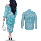Blue Australia Lizard With Aboriginal Art Couples Matching Off The Shoulder Long Sleeve Dress and Long Sleeve Button Shirt