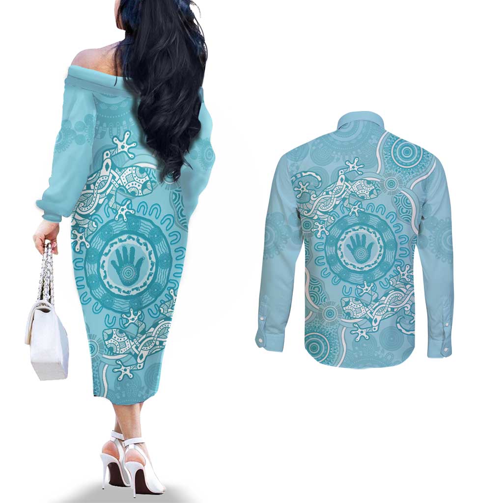 Blue Australia Lizard With Aboriginal Art Couples Matching Off The Shoulder Long Sleeve Dress and Long Sleeve Button Shirt