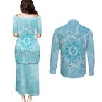 Blue Australia Lizard With Aboriginal Art Couples Matching Puletasi and Long Sleeve Button Shirt