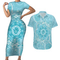 Blue Australia Lizard With Aboriginal Art Couples Matching Short Sleeve Bodycon Dress and Hawaiian Shirt