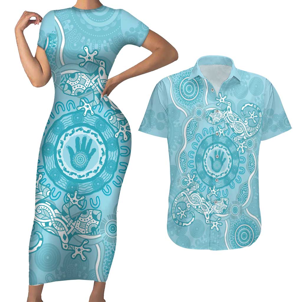 Blue Australia Lizard With Aboriginal Art Couples Matching Short Sleeve Bodycon Dress and Hawaiian Shirt
