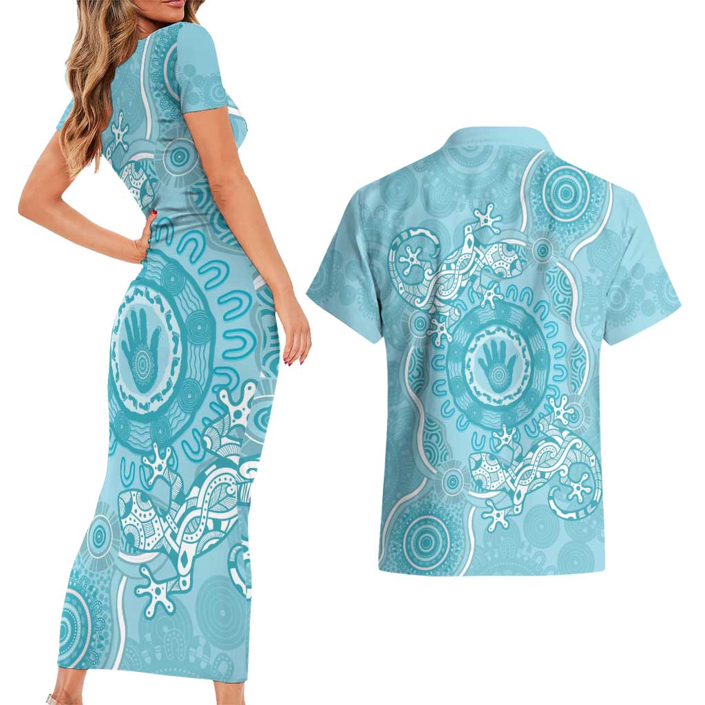 Blue Australia Lizard With Aboriginal Art Couples Matching Short Sleeve Bodycon Dress and Hawaiian Shirt